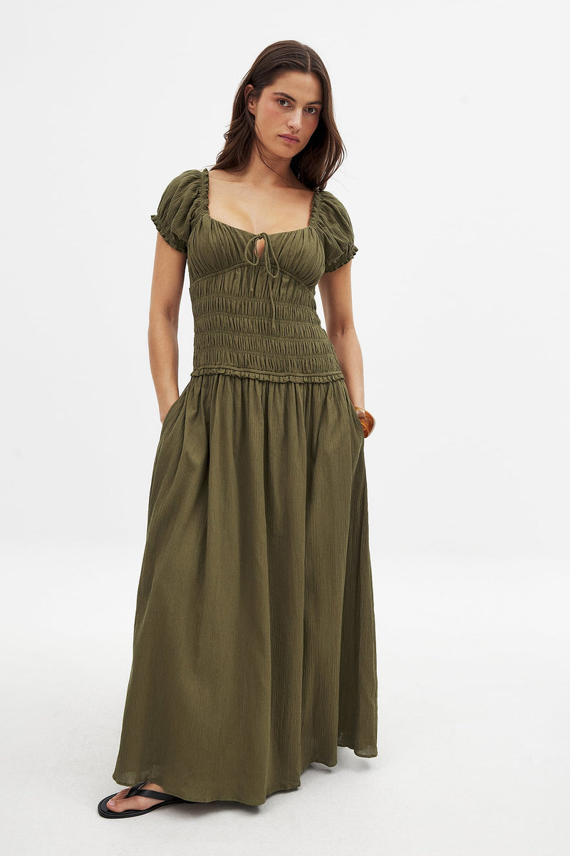 Robe Longue Smockée À Manches Courtes Vert
