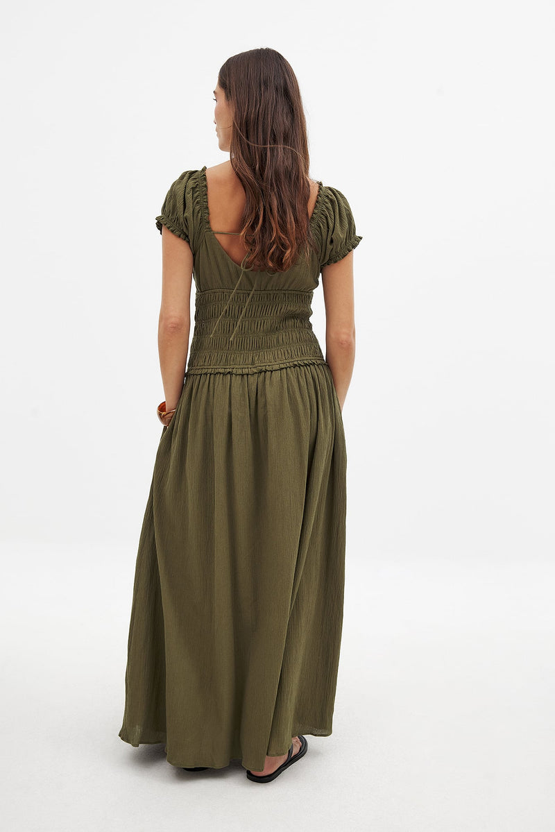 Robe Longue Smockée À Manches Courtes Vert