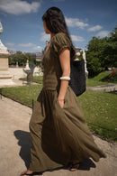 Robe Longue Smockée À Manches Courtes Vert