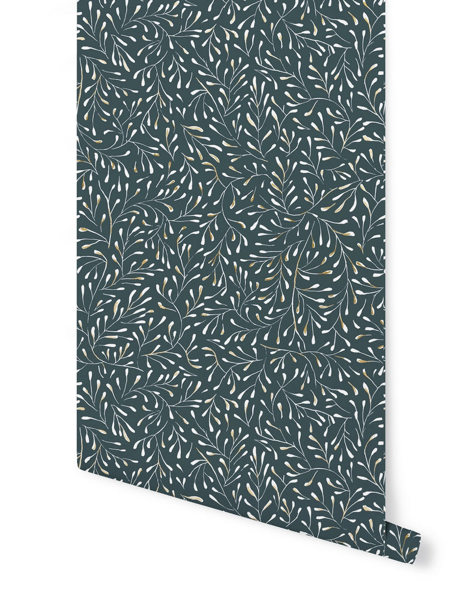 Tapetenrolle Spring - Blau Gold / Weißer Hintergrund