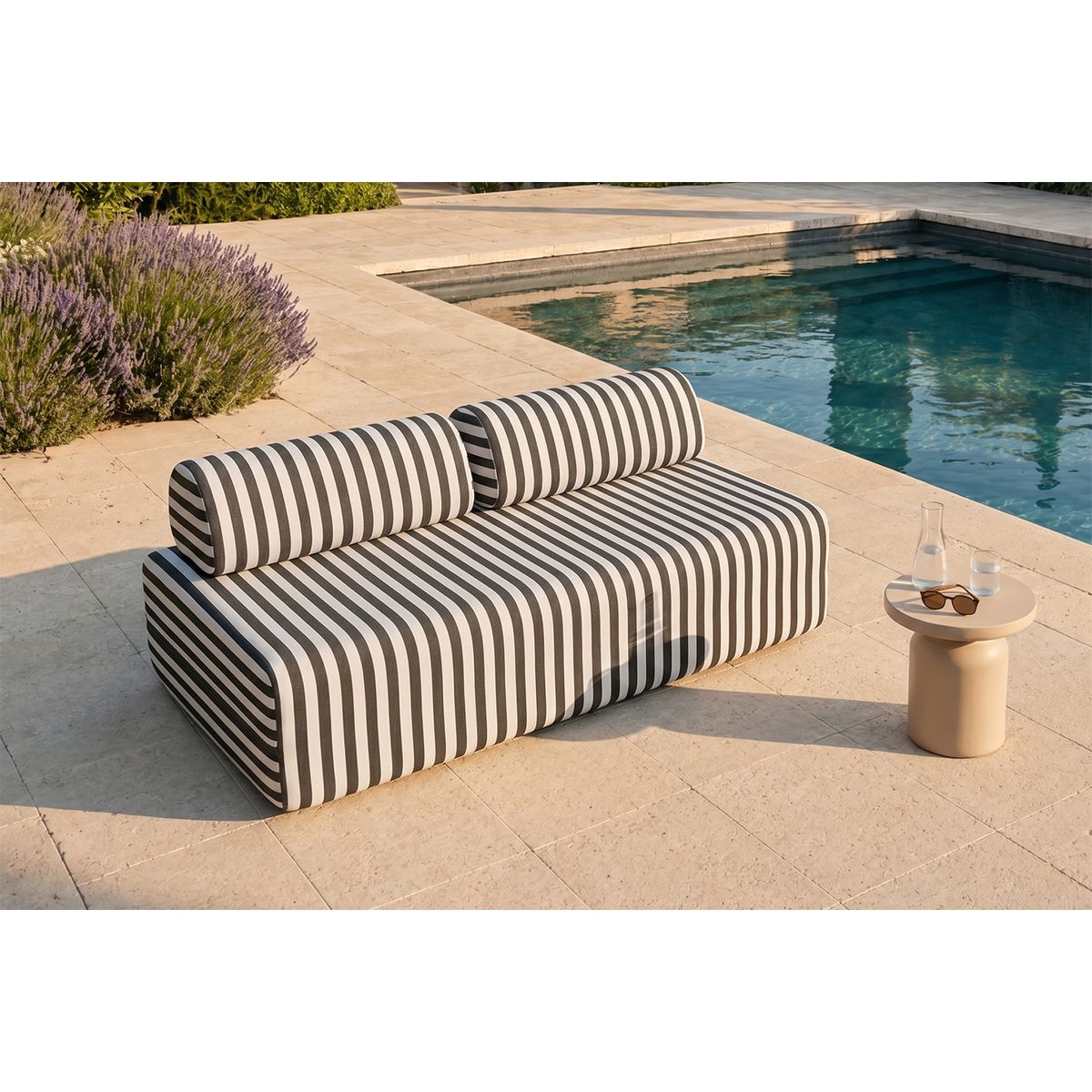3-Seater Modular Sofa - Striped Outdoor Fabric - White and Anthracite Grey