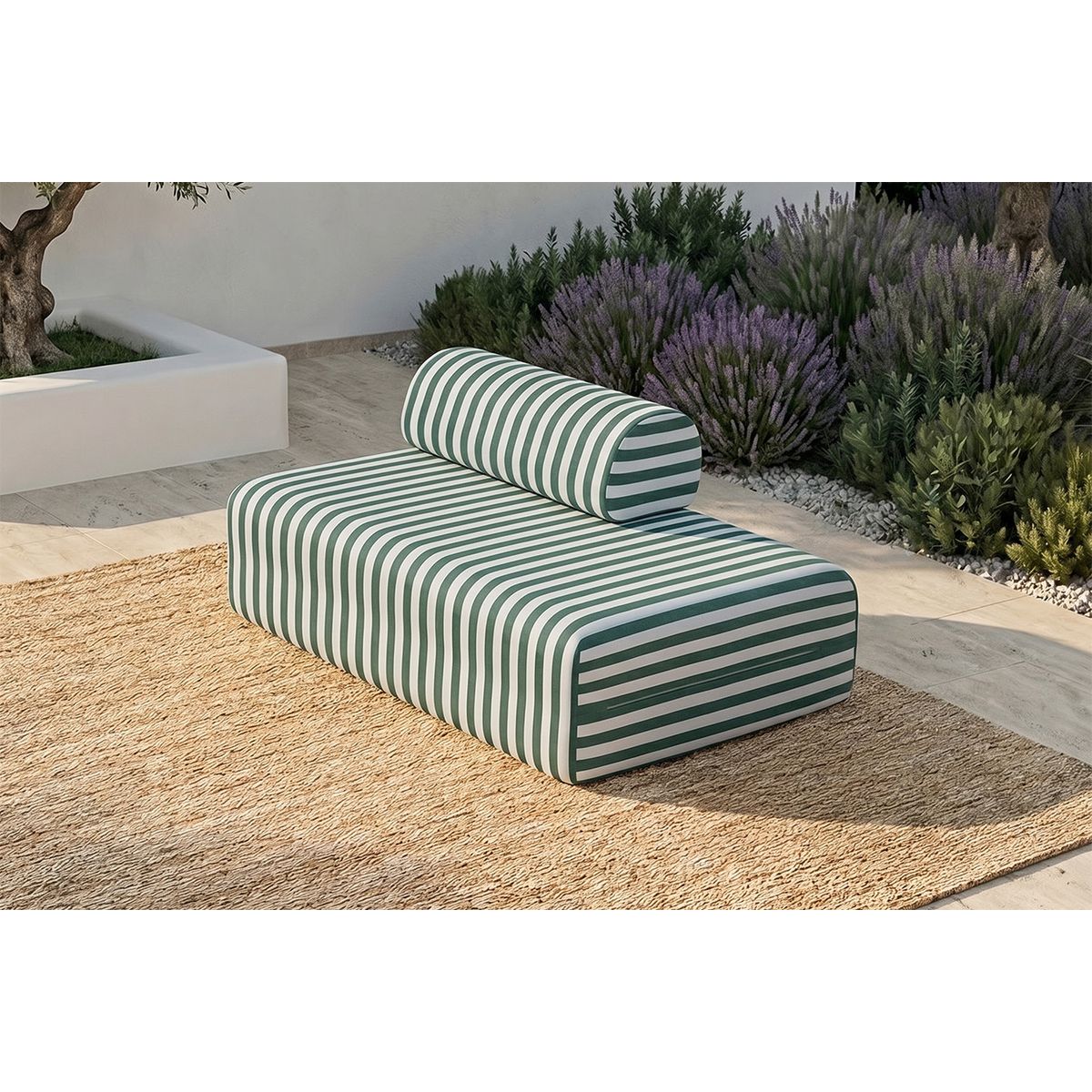 Sofá 2 Plazas Modular - Tejido Exterior A Rayas - Blanco Y Verde Oscuro