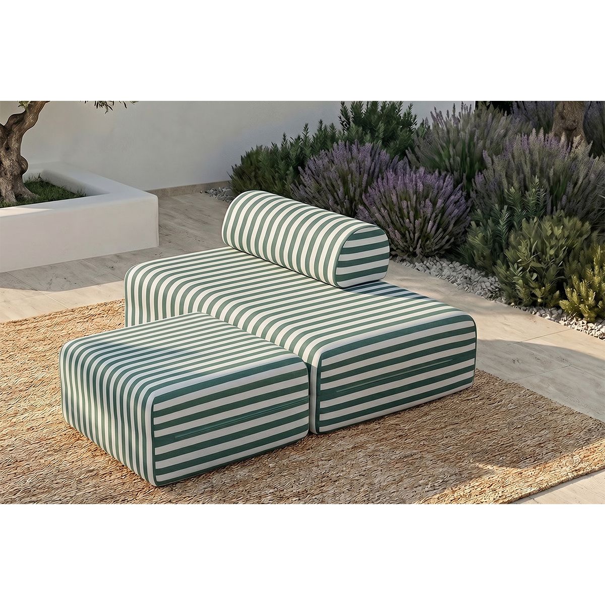 Puf Modular - Tela Exterior a Rayas - Blanco y Verde Oscuro