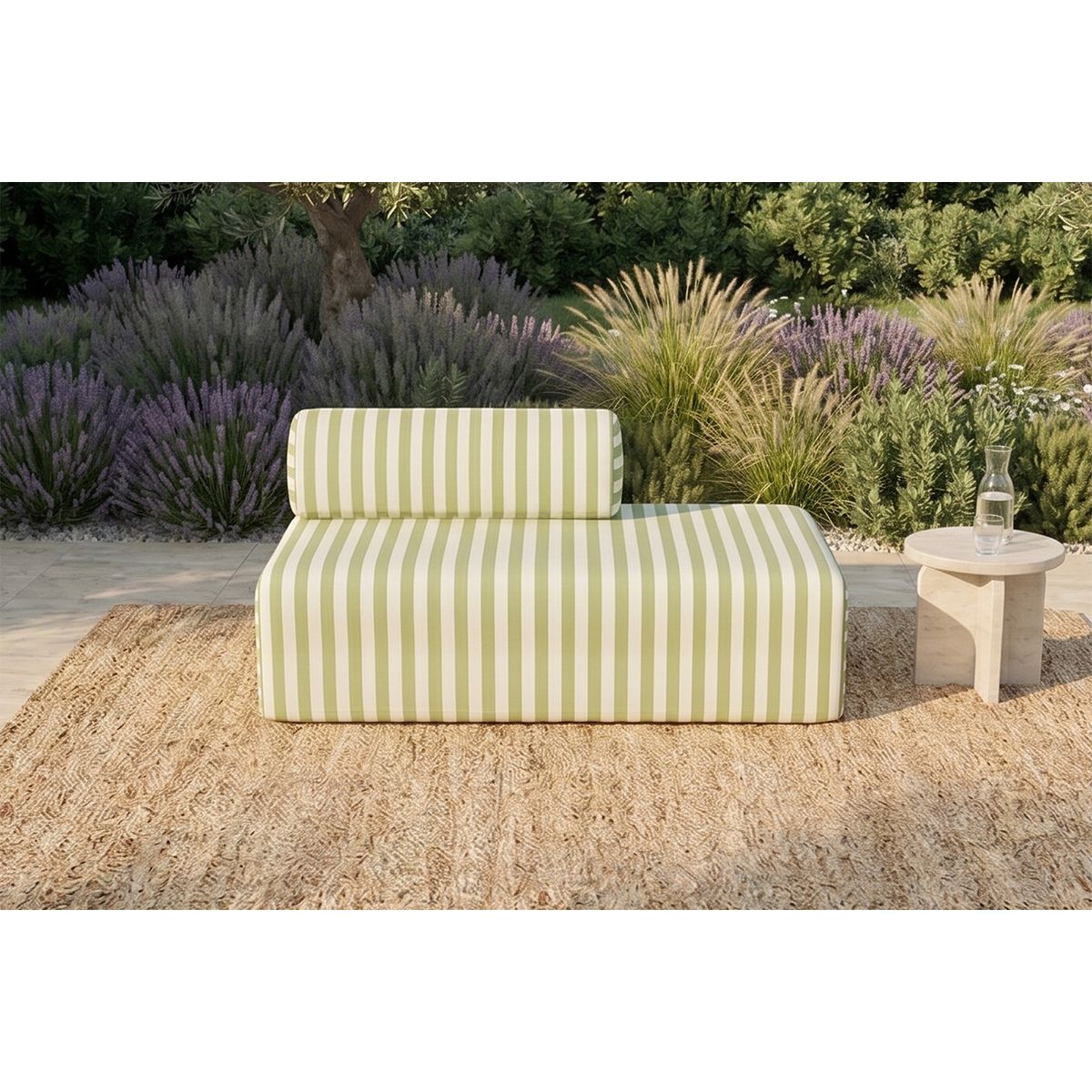2-Seater Modular Sofa - Striped Outdoor Fabric - White and Anise Green