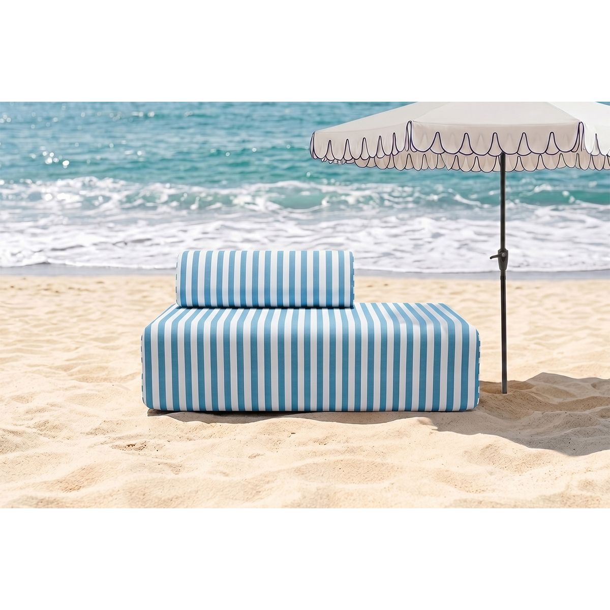 2-Seater Modular Sofa - Striped Outdoor Fabric - White and Blue