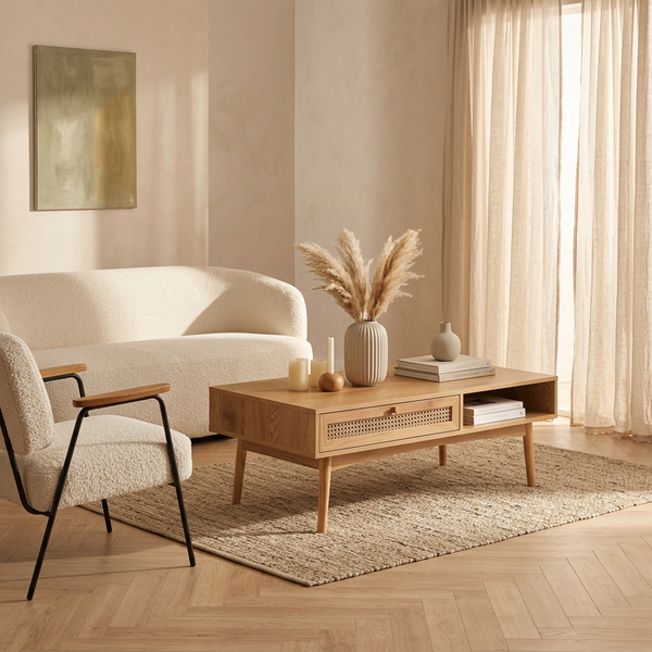Ines - Table Basse - Effet Chêne Et Cannage Rotin