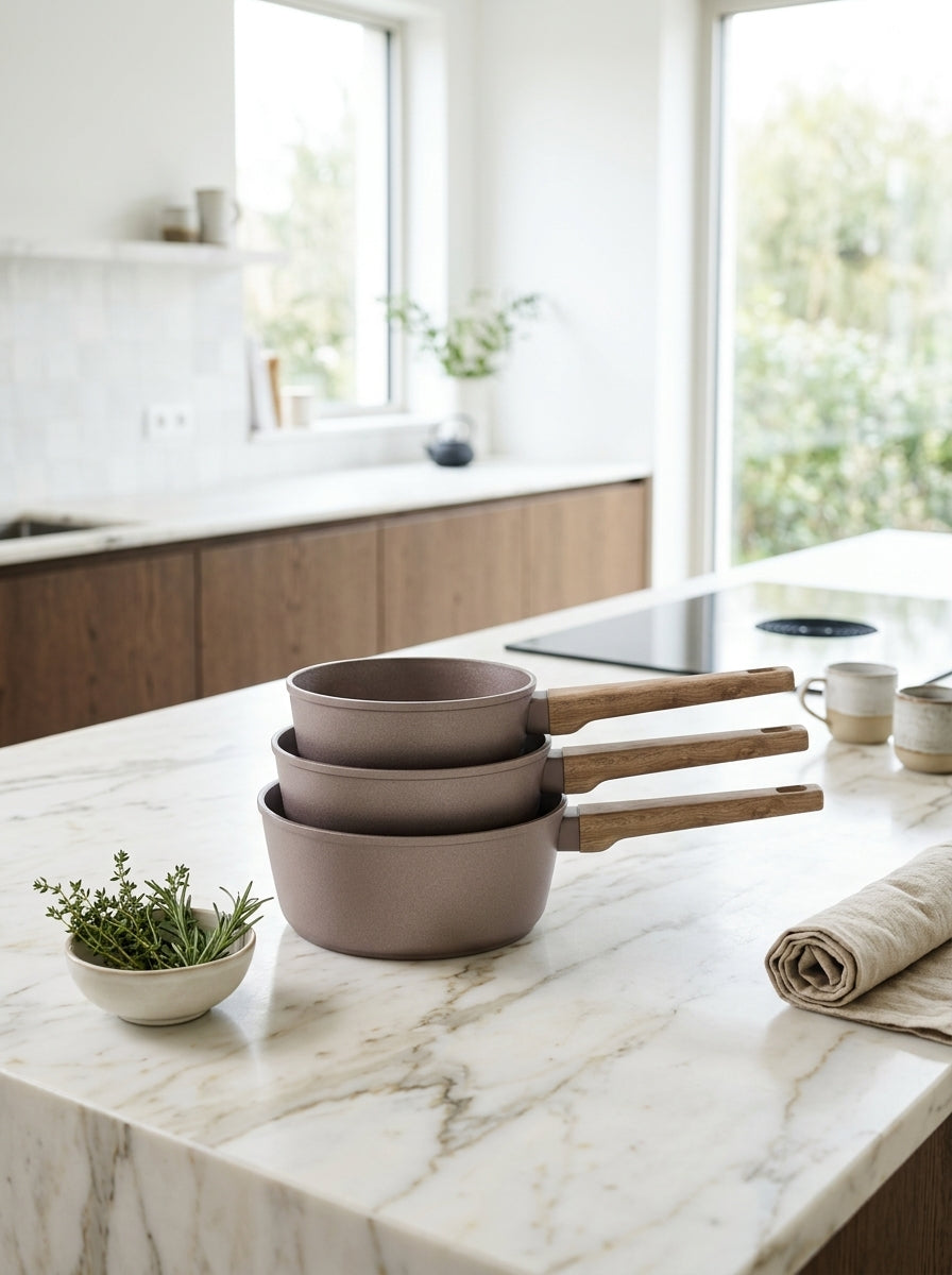 Set of 3 Saucepans 16/18/20cm - Forged Aluminum - Ceramic Coating - Taupe