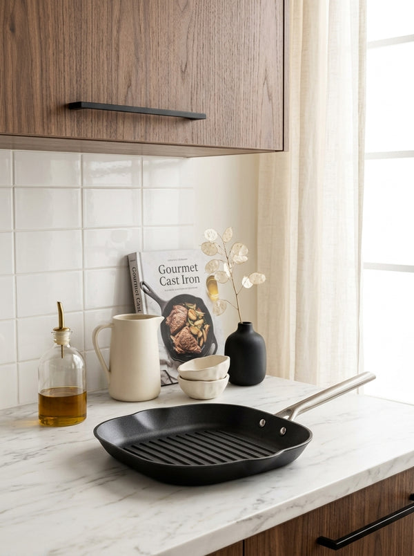 Cast Iron Grill Pan Honeycomb Structure With Stainless Steel Handle - Black - 28cm