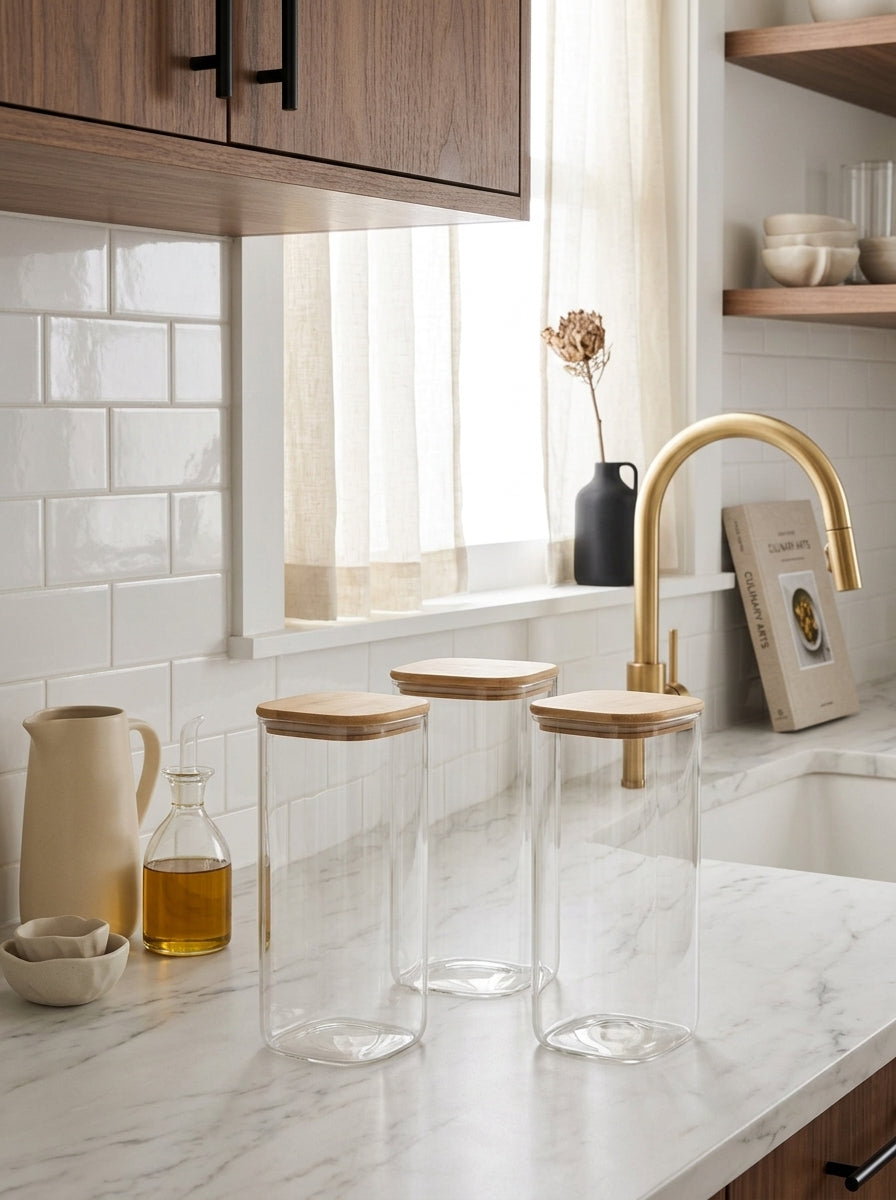Set De 3 Bocaux En Verre Avec Couvercles En Bambou - Transparent