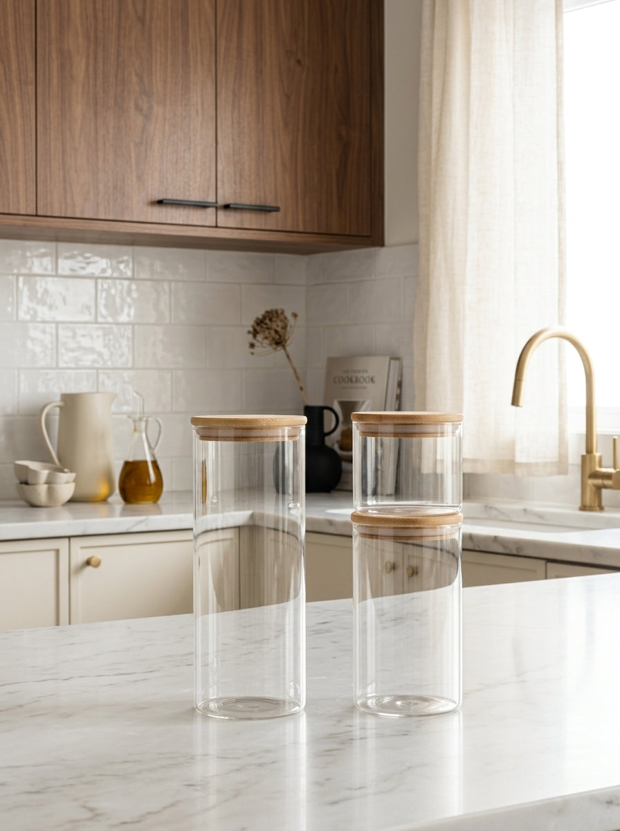 Set De 3 Bocaux En Verre Ronds Avec Couvercles En Bambou - Transparent