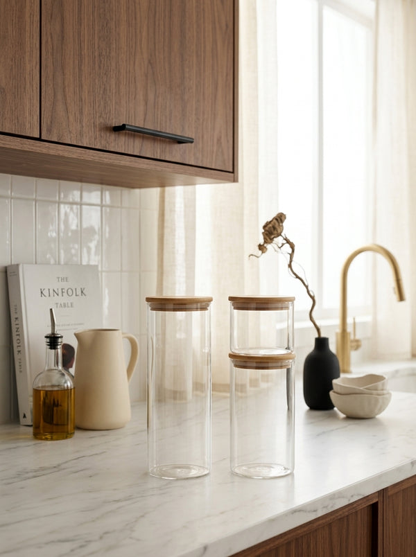 Set of 3 Round Glass Jars with Bamboo Lids - Transparent