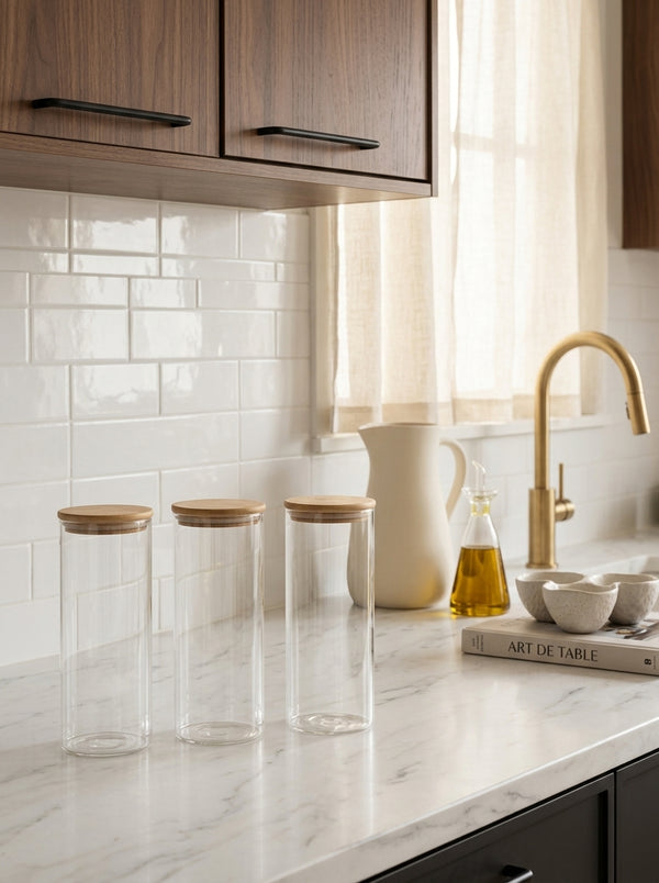 Set of 3 Round Glass Jars with Bamboo Lids - Transparent