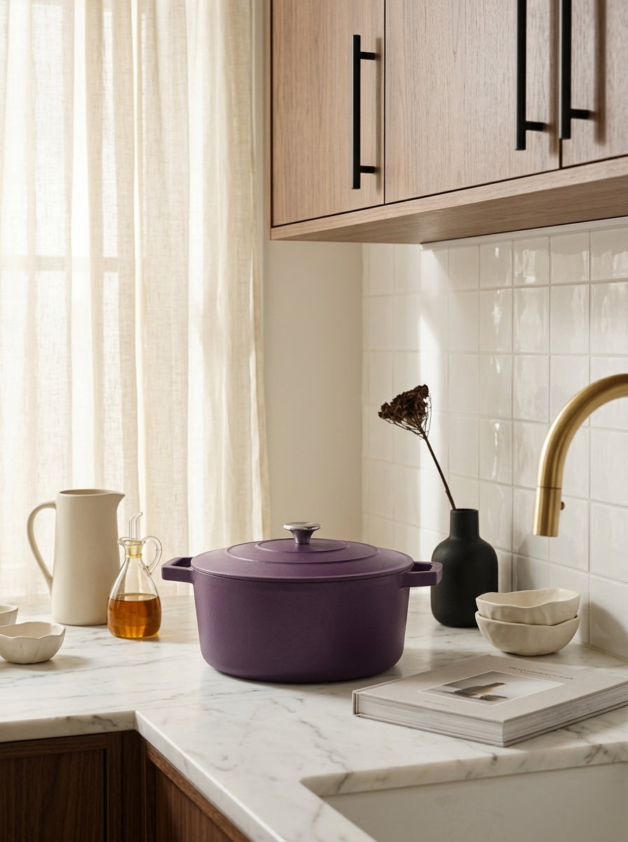 Round Cast Steel Casserole - Eggplant - 28cm