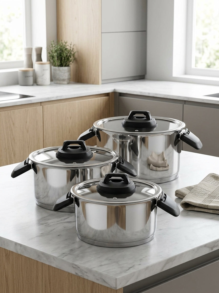 Set of 3 Pots 2/4/6L - Folding Handles - Stainless Steel - Inox
