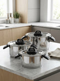 Set of 3 Pots 2/4/6L - Folding Handles - Stainless Steel - Inox