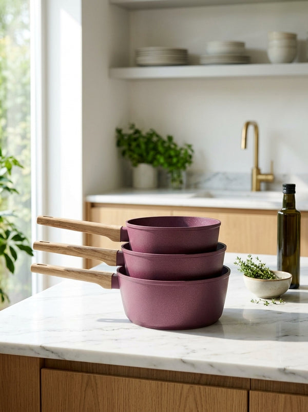Set of 3 Saucepans 16/18/20cm - Forged Aluminum - Ceramic Coating - Plum