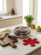 BRANDT - Set of 3 Amo Stainless Steel Frying Pans with Removable Handle + 3 Pan Protectors - Silver / Black / Red