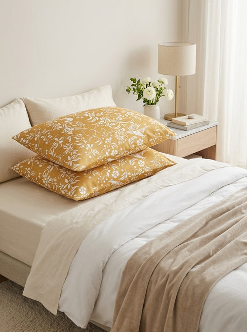 Birds - Set De 2 Taies D'Oreiller - Satin De Coton - Jaune