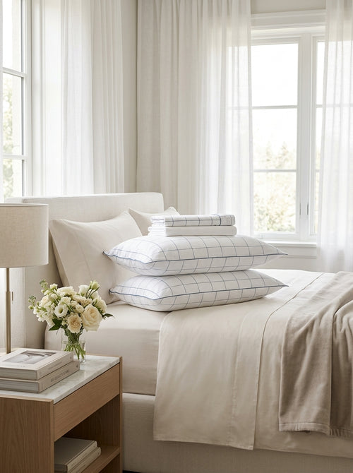 Caren - Ensemble De Draps - Satin De Coton - Blanc/Bleu