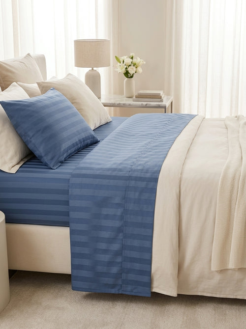 Jacquard - Drap Plat - Satin De Coton - Dobby Stripe - Bleu