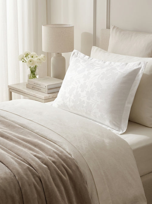 Jacquard - Taie D'Oreiller - Satin De Coton - Tissé - Petites Fleurs Blanc