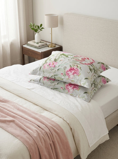 Jardin De Roses - Set Of 2 Pillowcases - Cotton Satin - Thyme Green