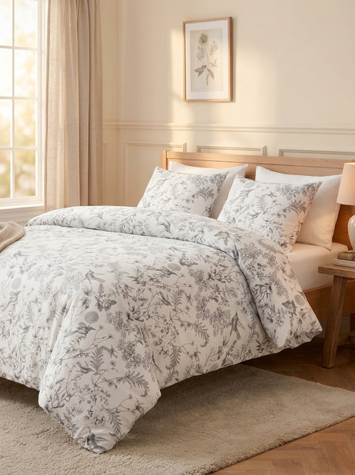 Jardin Du Colibri - Housse De Couette + 1 Ou 2 Taie(s) D'Oreiller - Satin De Coton - Noir Gris