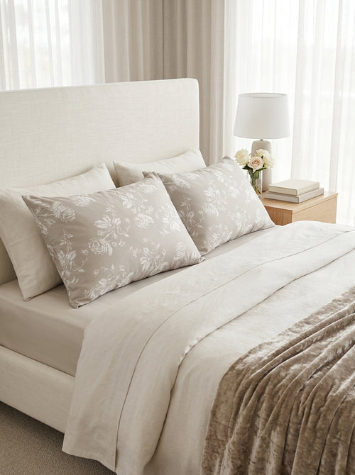 Roses - Set De 2 Taies D'Oreiller - Satin De Coton - Taupe