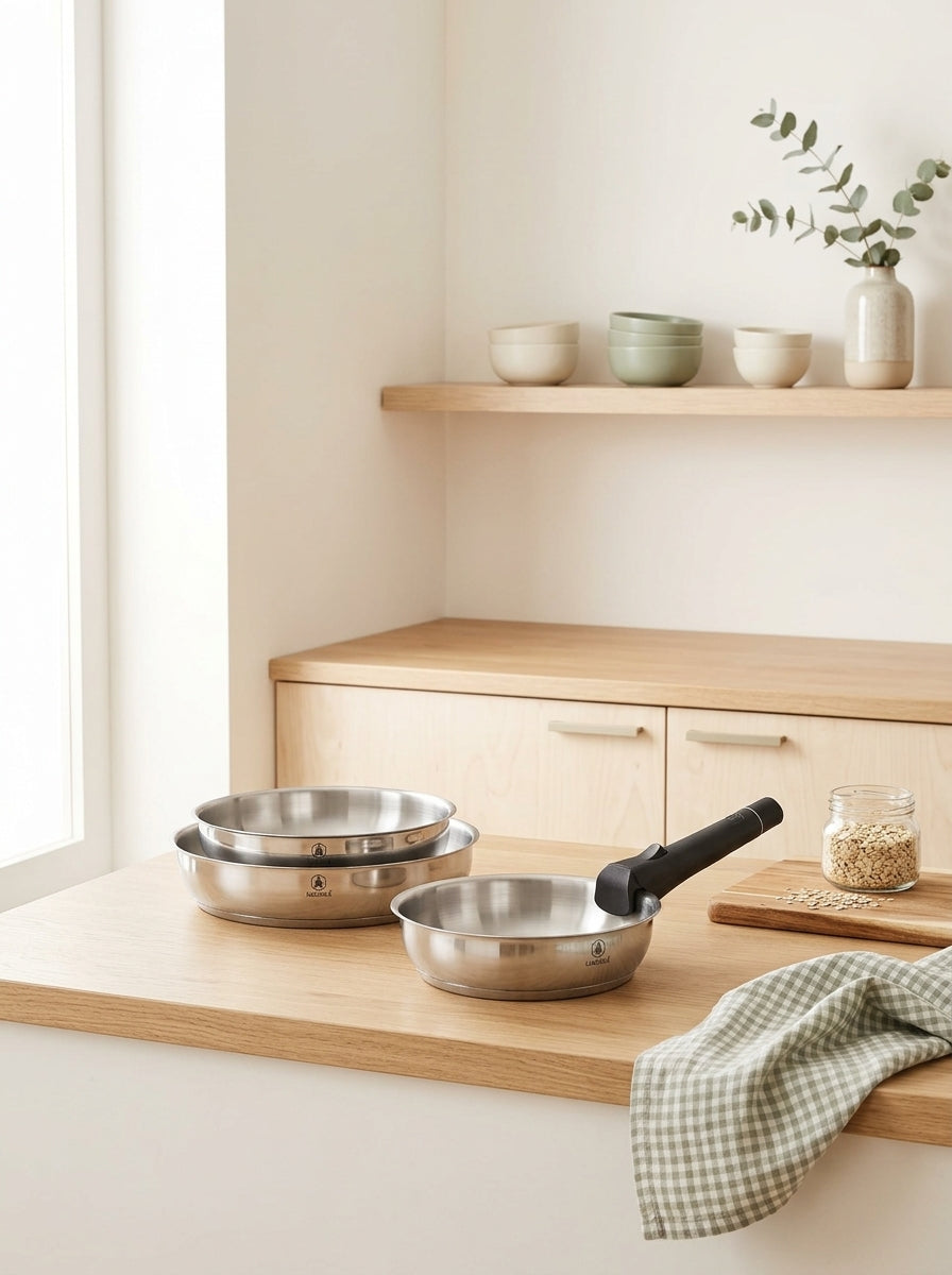 Réactif - Set of 3 Removable Frying Pans - Stainless Steel - Silver