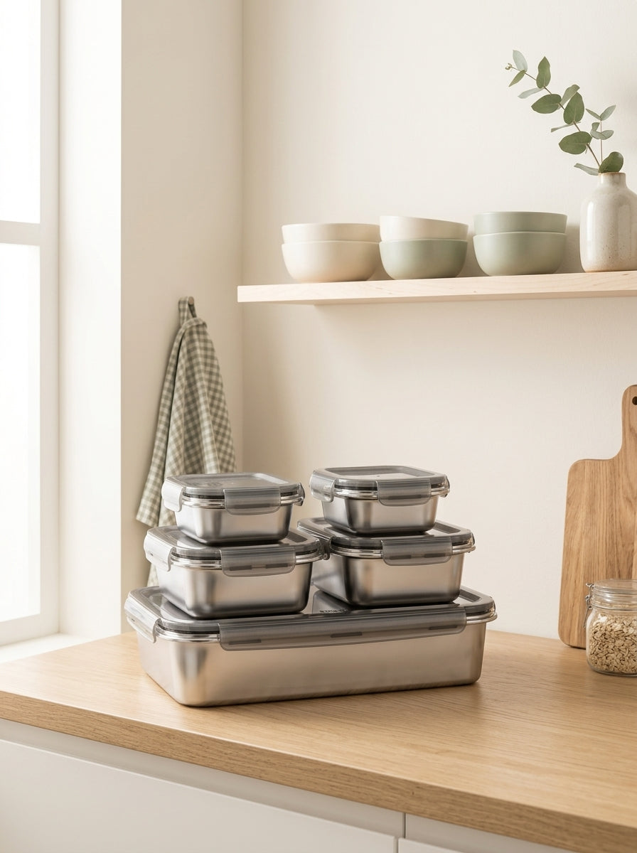 Set Of 5 Rectangular Boxes - Stainless Steel - Silver