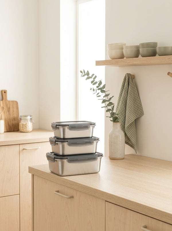 Set of 3 Rectangular Boxes - Stainless Steel - Silver