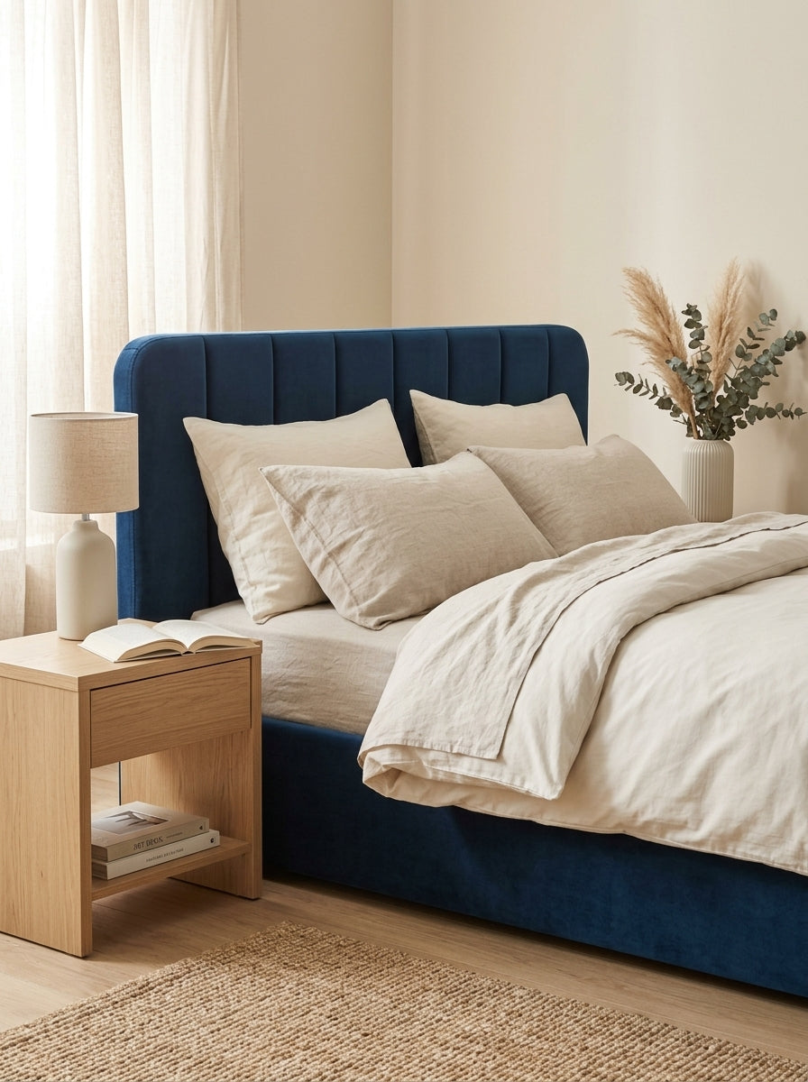Aviala - Cama contenedor de terciopelo con cabecero + somier de láminas - Azul