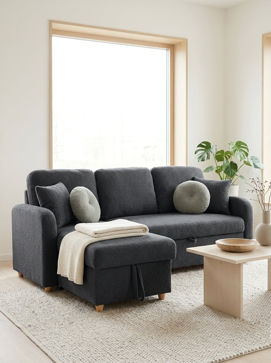Siveco - Convertible Left Corner Sofa Bouclette Fabric - Anthracite