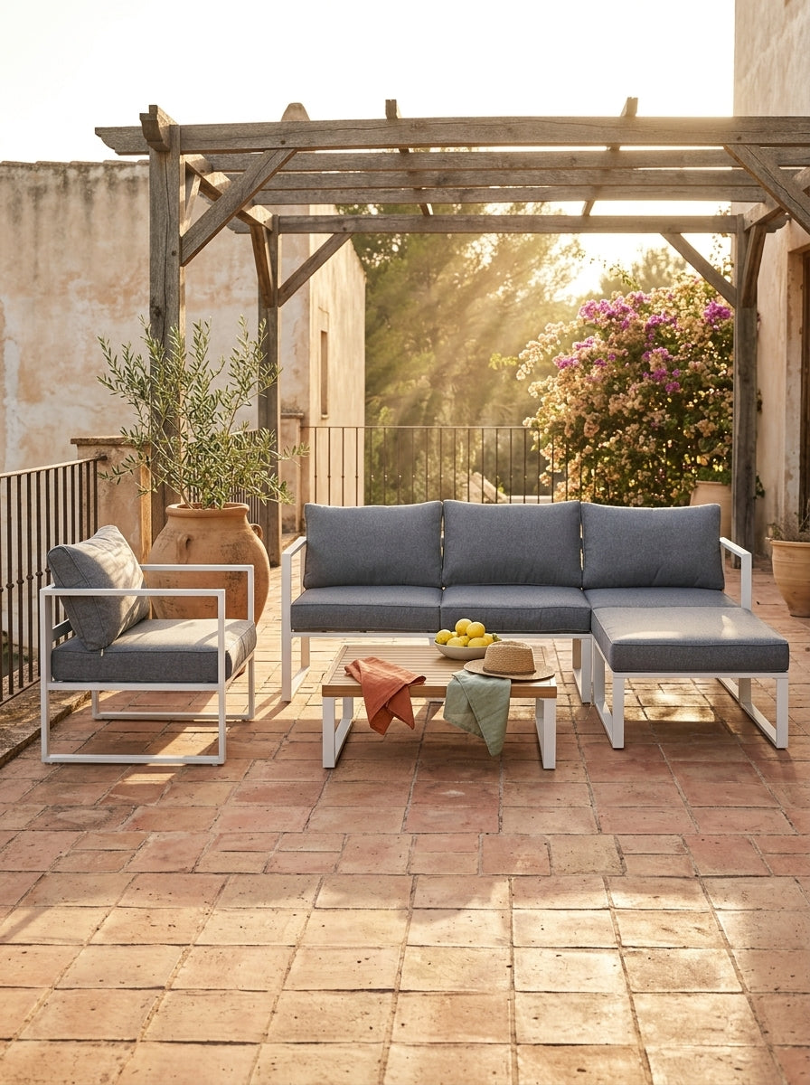 Aluzen - Mueble de jardín 4 plazas de aluminio + Puf + Mesa de centro rectangular - Gris