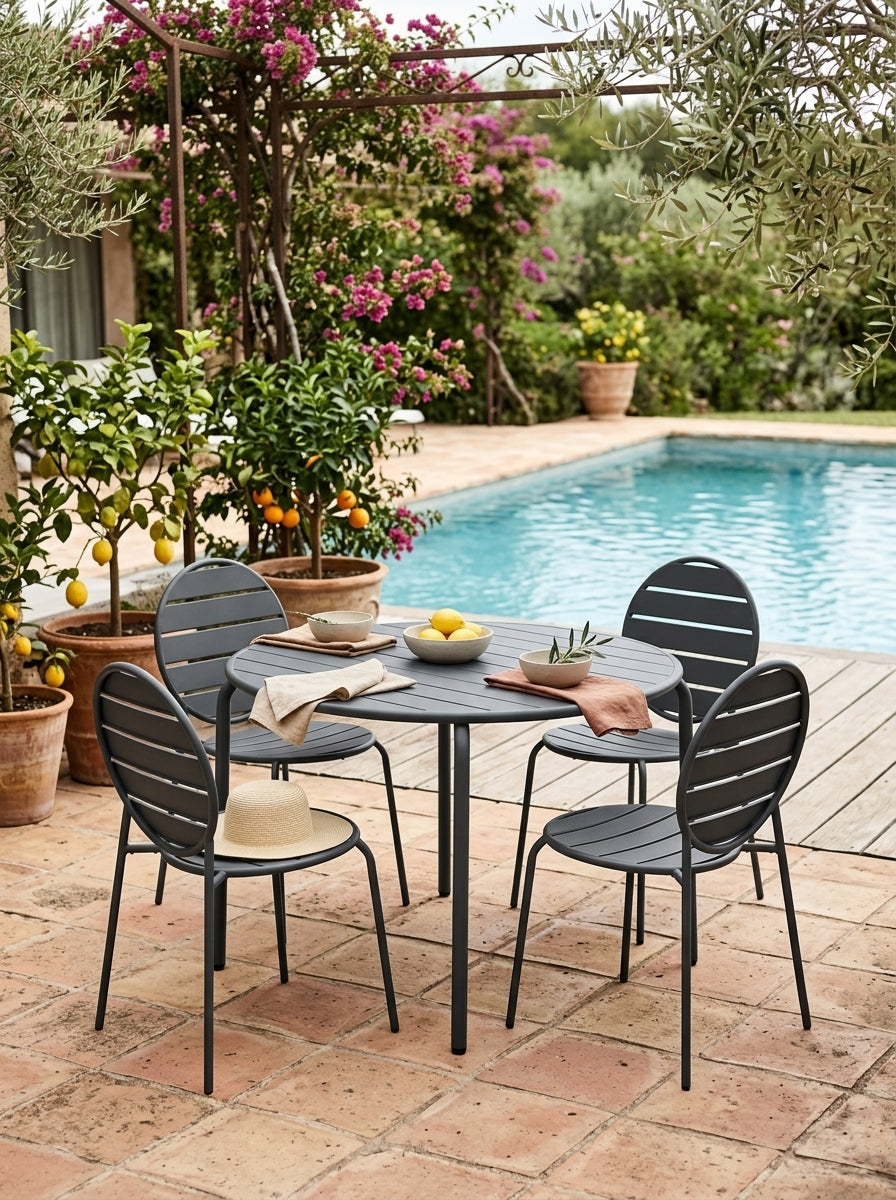 Baca - Table + 4 Round Metal Chairs Set - Gray