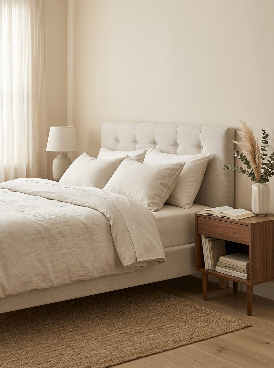 Mileno - Lit Avec Tête De Lit En Tissu Et Pieds Bois - Beige