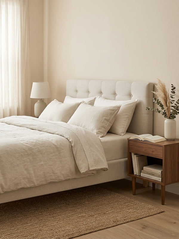 Mileno - Bed With Fabric Headboard And Wooden Legs - Beige