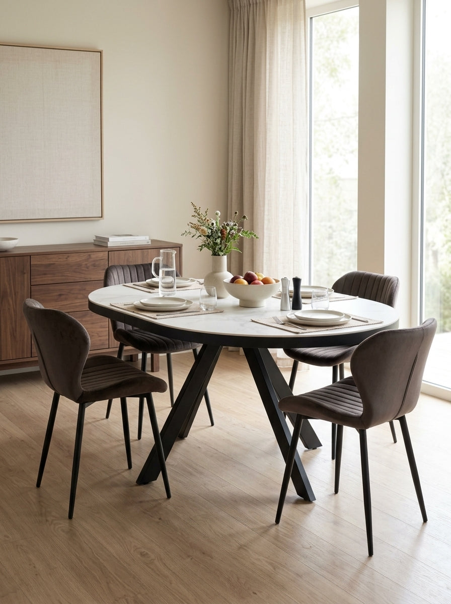 Velvet - Ensemble Table Ovale Céramique + 4 Chaises En Velours - Marbre Blanc