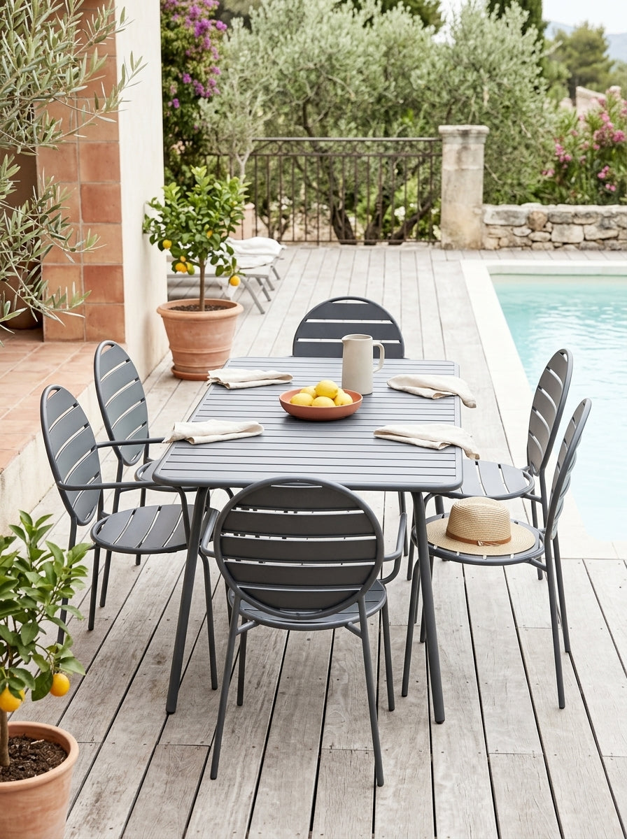 Baca - Table + 4 Chaises + 2 Fauteuils Ronds En Métal - Gris