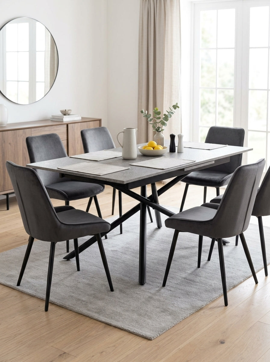 Mindy - Mesa Extensible + 6 Sillas Terciopelo - Gris