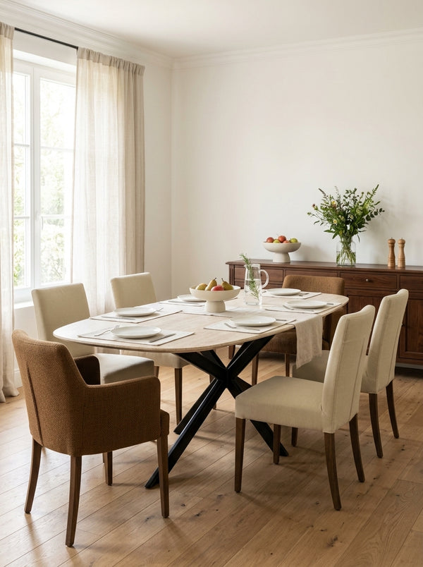 Linz - Table À Manger En Bois Et Pied En Métal - 6 Personnes - Travertin
