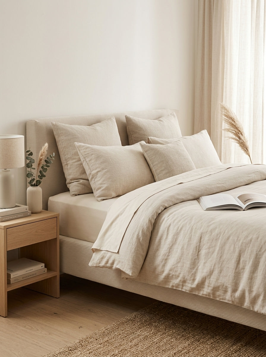 Mileno - Bed With Corduroy Headboard And Wooden Legs - Beige