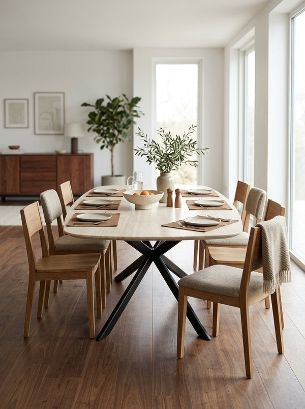 Linz - Table À Manger En Bois Et Pied En Métal - 8 Personnes - Travertin