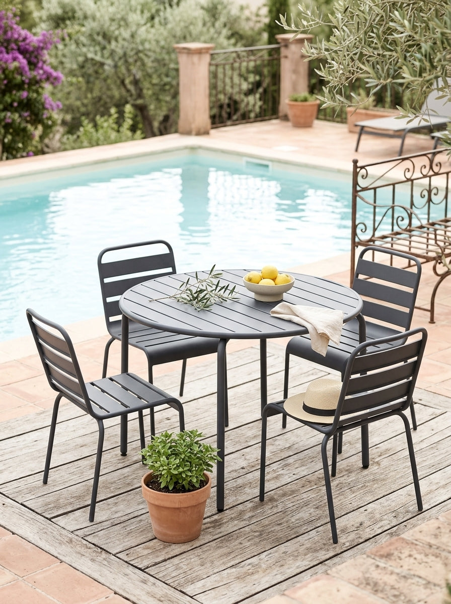 Baca - Conjunto Mesa de Jardín + 4 Sillas de Metal - Gris