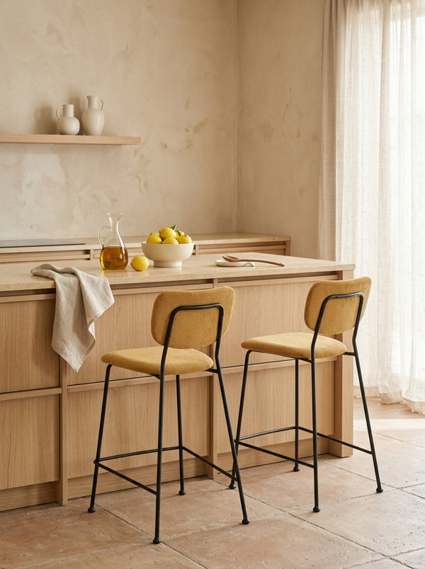 Benson 64,5 cm - Juego de 2 taburetes de bar y mostrador - Tela - Ocre/Amarillo