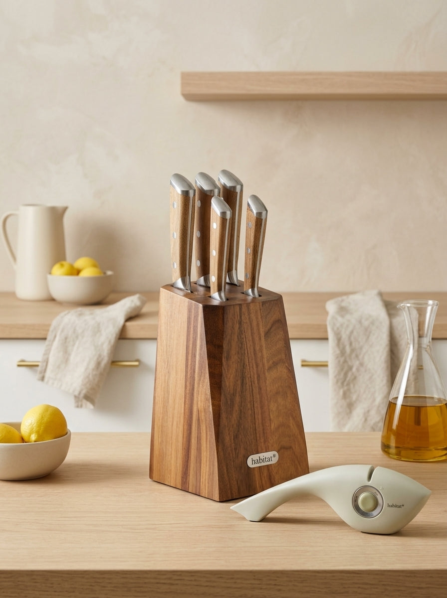 Opaline - Bloc De 5 Couteaux En Bois + Un Aiguiseur 3 En 1 - Bois/Blanc