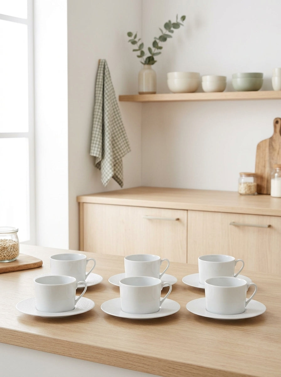 Solène - Lot De 6 Tasses À Café Avec Soucoupes - 12Cl - Blanc
