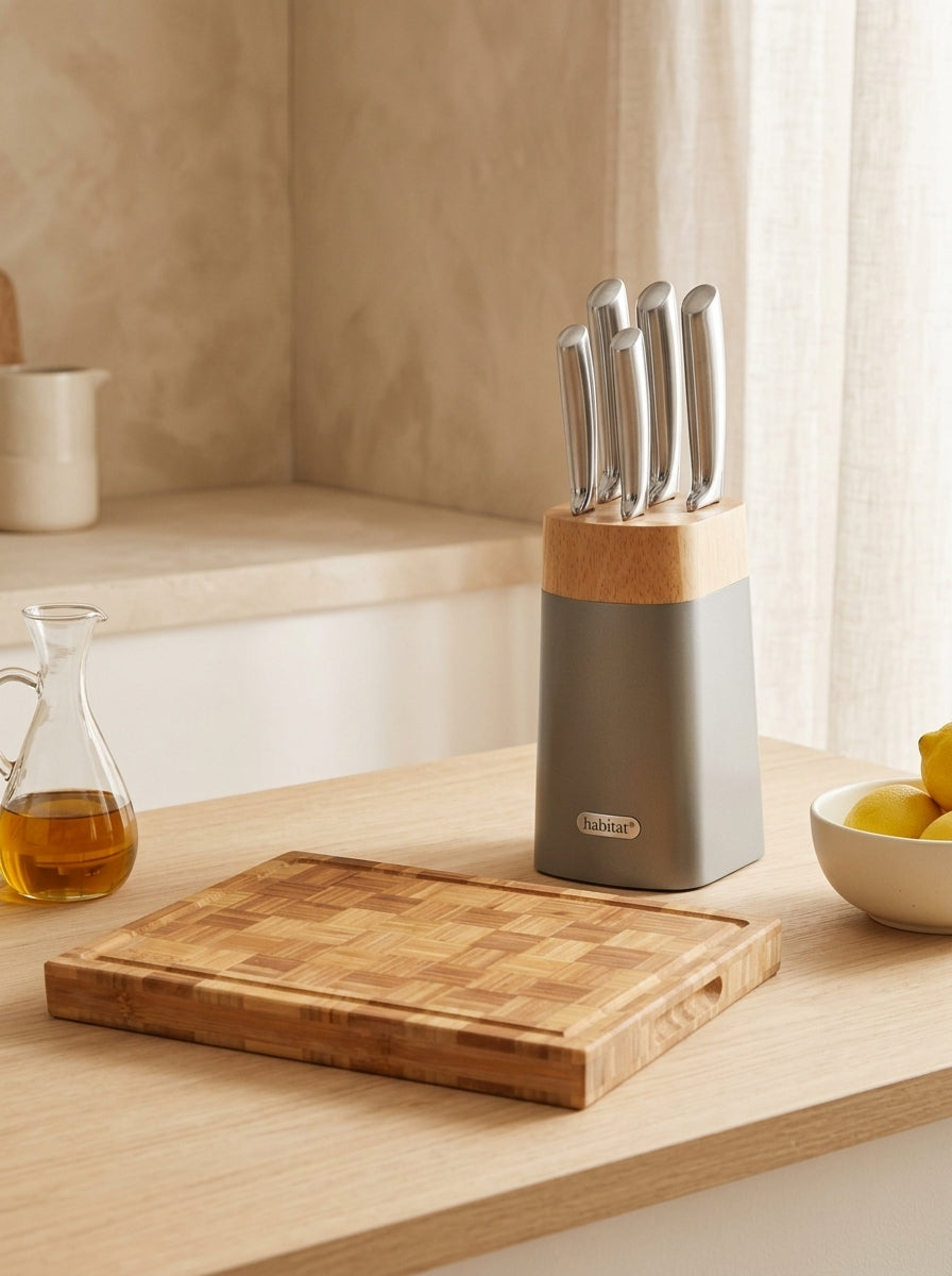 Orionis - Bloc De 5 Couteaux En Inox + Une Planche À Découper En Bambou - Argenté/Bambou