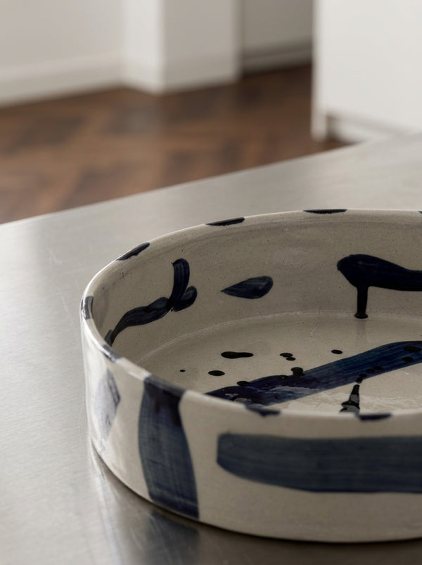 Sophia - Round Deep Serving Dish - Stoneware - Beige Blue