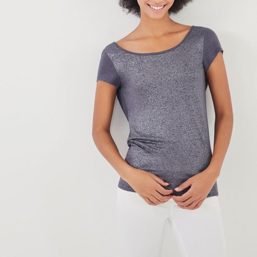 T-Shirt Col Bénitier Au Dos En Lin Irisé - Femme